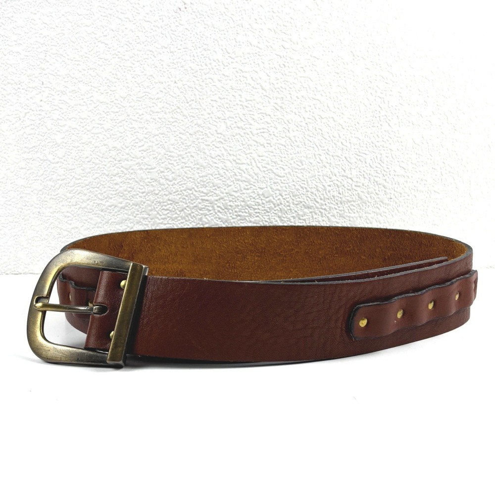 Leather Belt Womens 32-36 Brown Studded Brass Buckle Wide